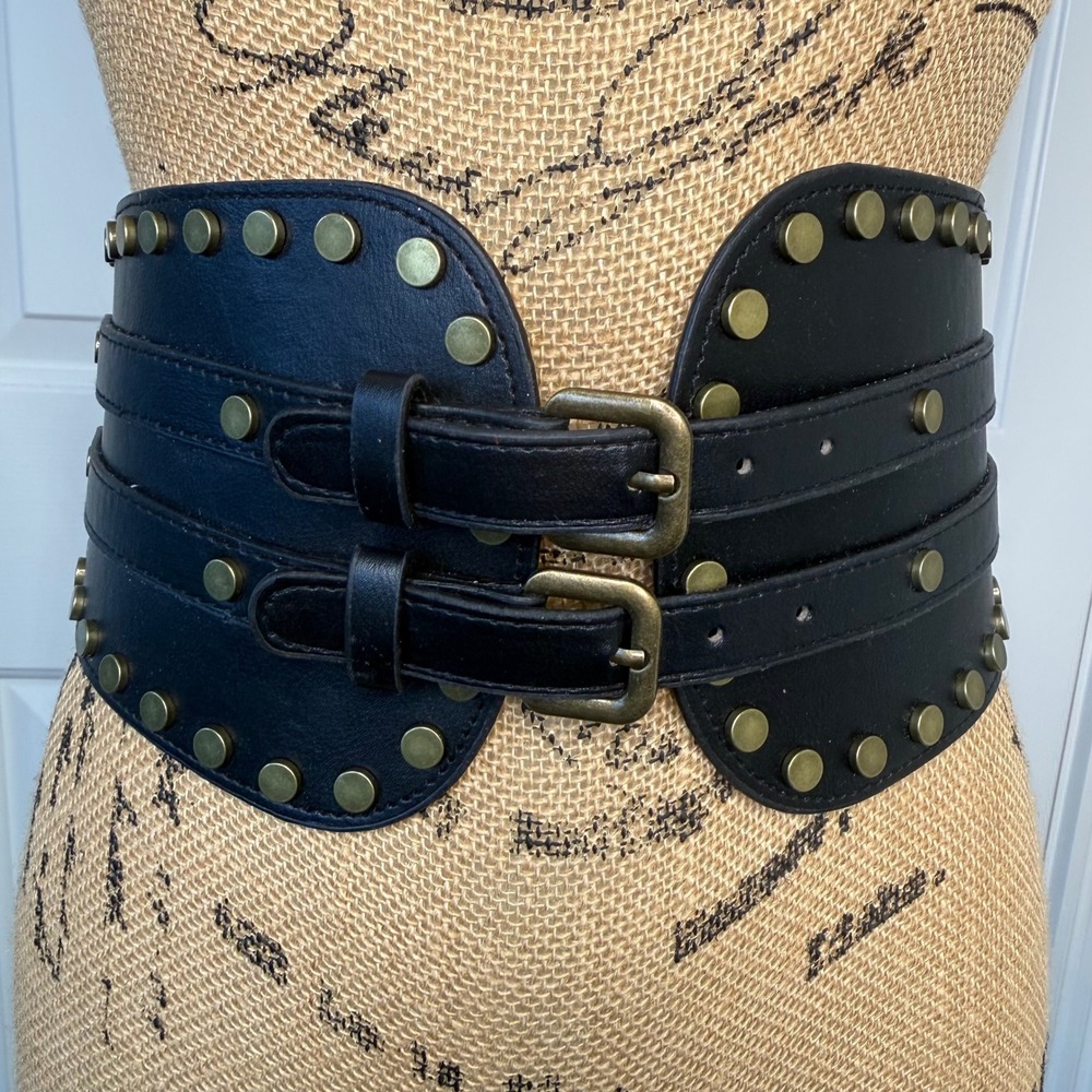 Womens Black Faux Leather Studded Double Buckle Elastic Corset Waist Belt Small